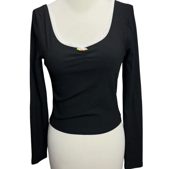 Pretty Garbage Top Womens M Black Ribbed Knit Scoop Neck Dainty Lace Feminine - Picture 1 of 15